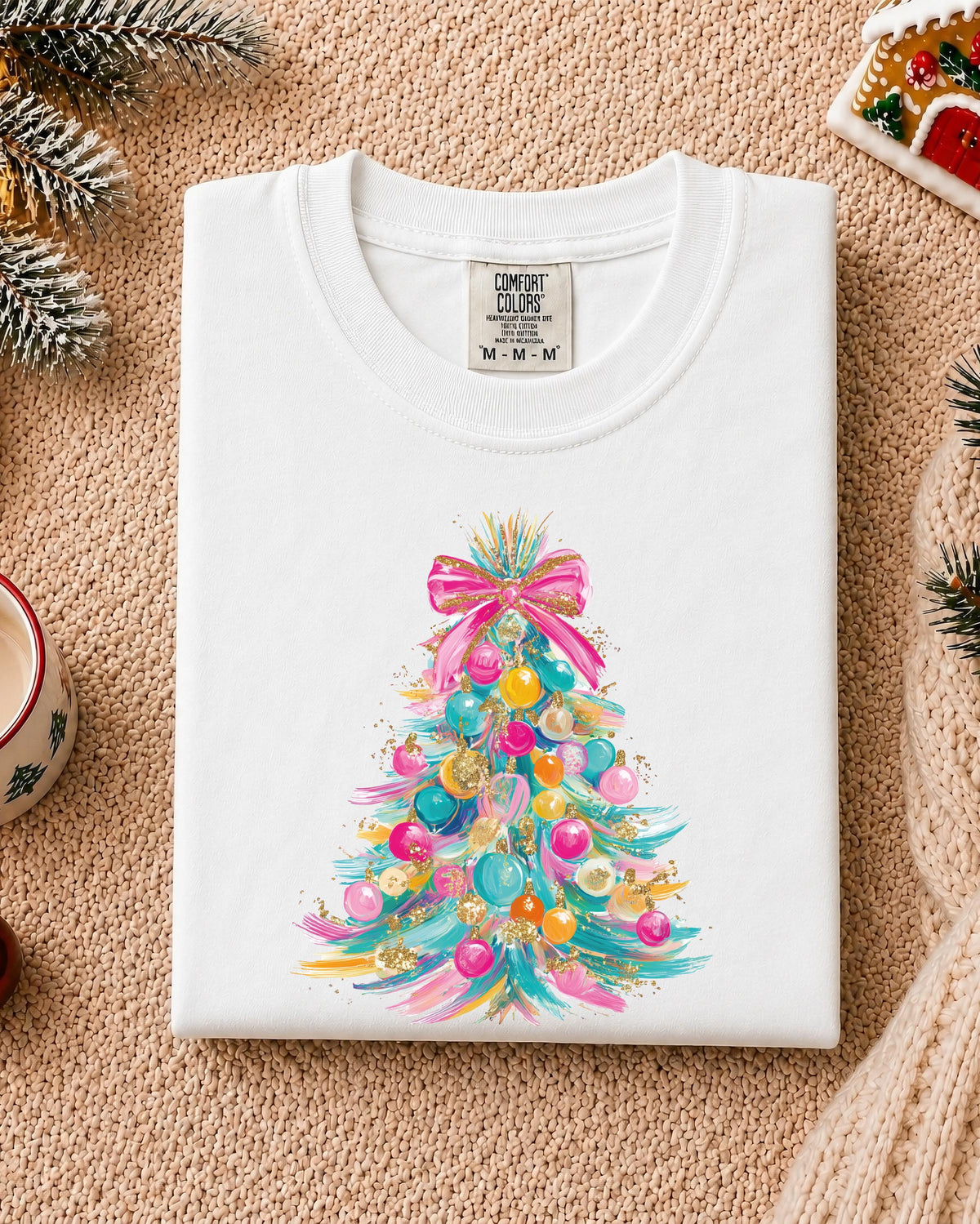 Preppy Christmas Tree Comfort Colors® T-Shirt, Colorful Coquette Bow Xmas Tee, Women Holiday Gift