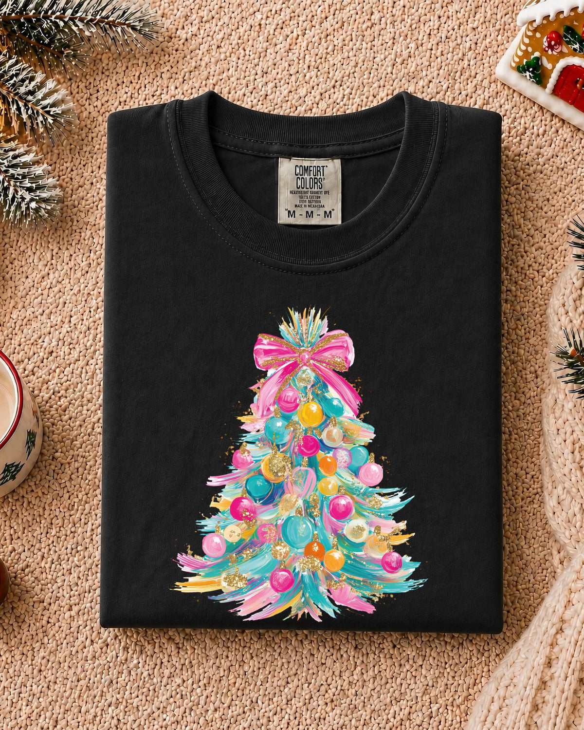 Preppy Christmas Tree Comfort Colors® T-Shirt, Colorful Coquette Bow Xmas Tee, Women Holiday Gift