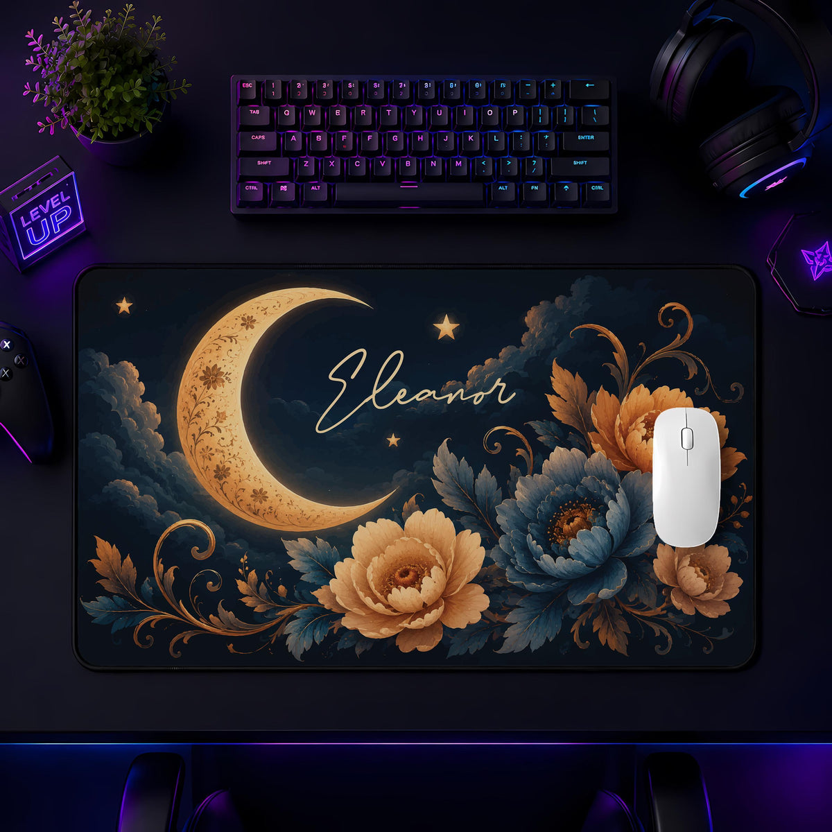 Personalized Floral Moon Desk Mat, Celestial Office Decor, Custom Name Mouse Pad