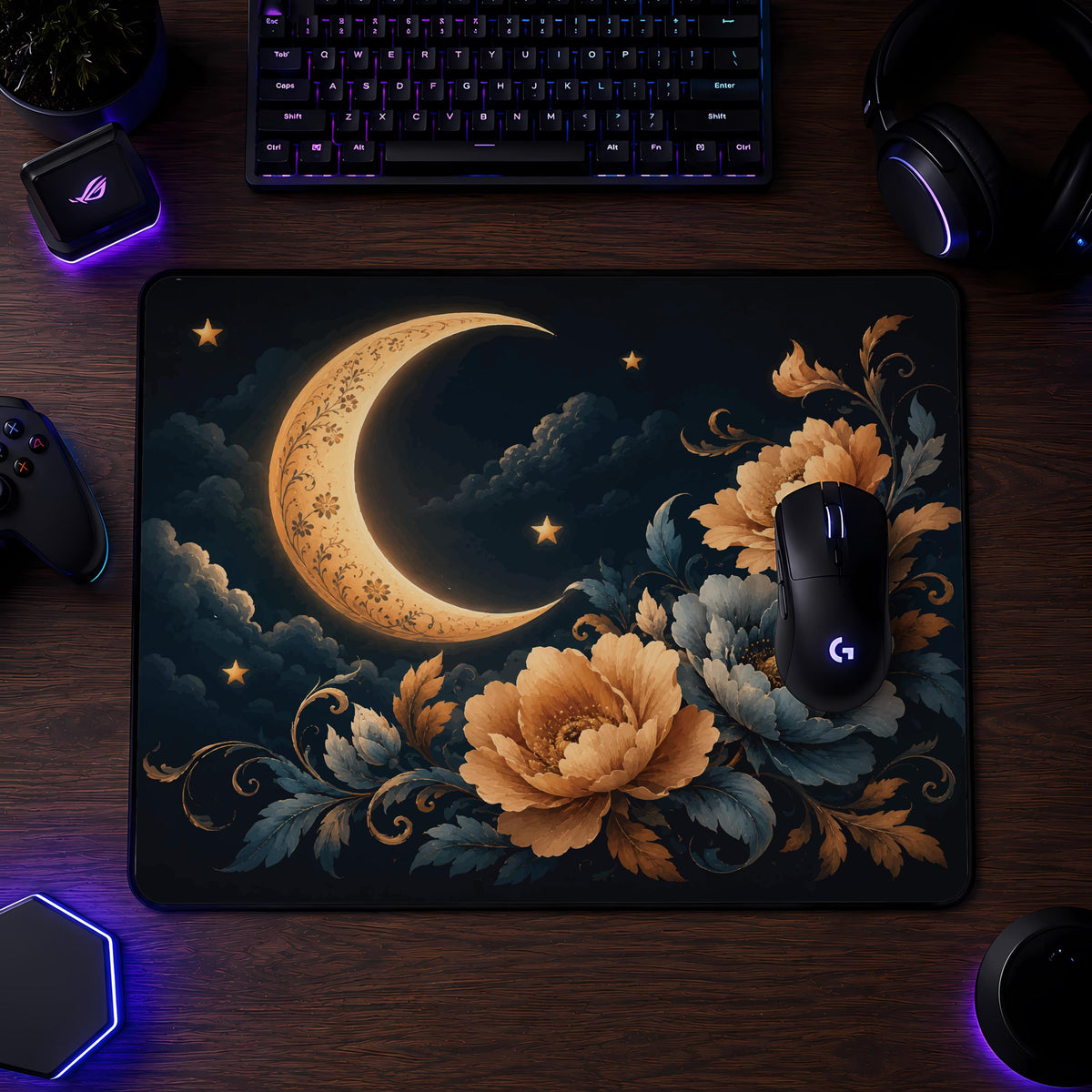 Personalized Floral Moon Desk Mat, Celestial Office Decor, Custom Name Mouse Pad