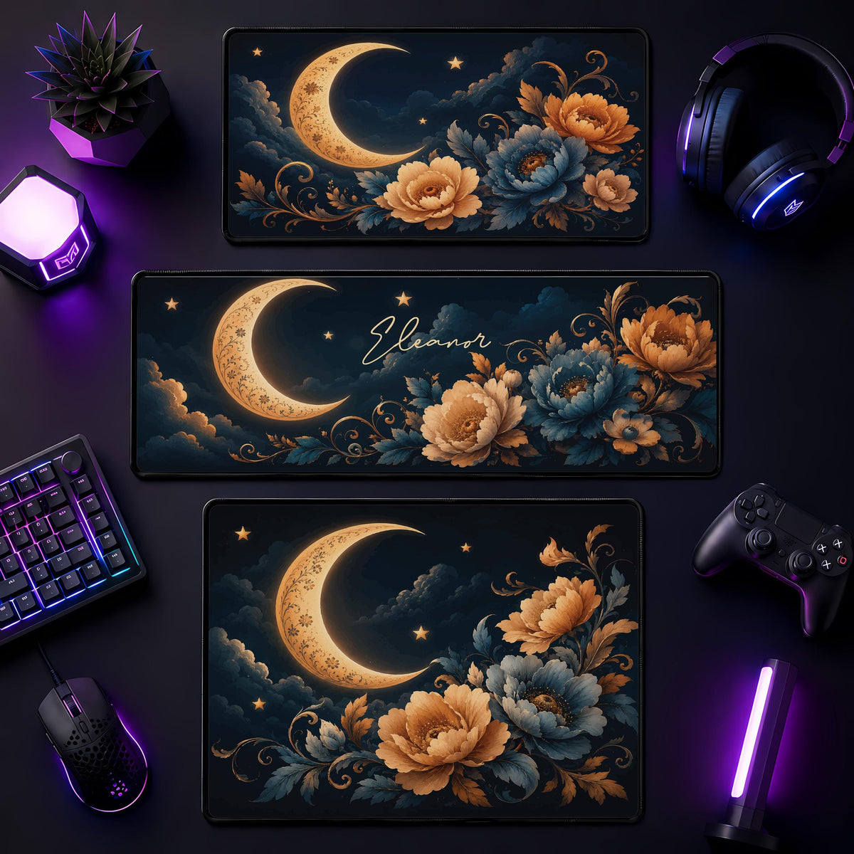 Personalized Floral Moon Desk Mat, Celestial Office Decor, Custom Name Mouse Pad