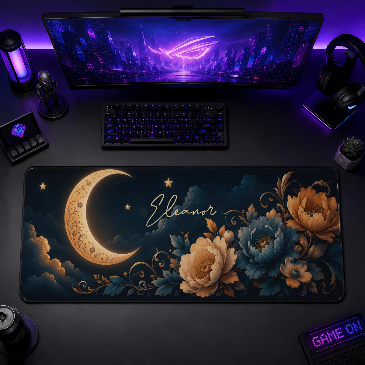 Personalized Floral Moon Desk Mat, Celestial Office Decor, Custom Name Mouse Pad