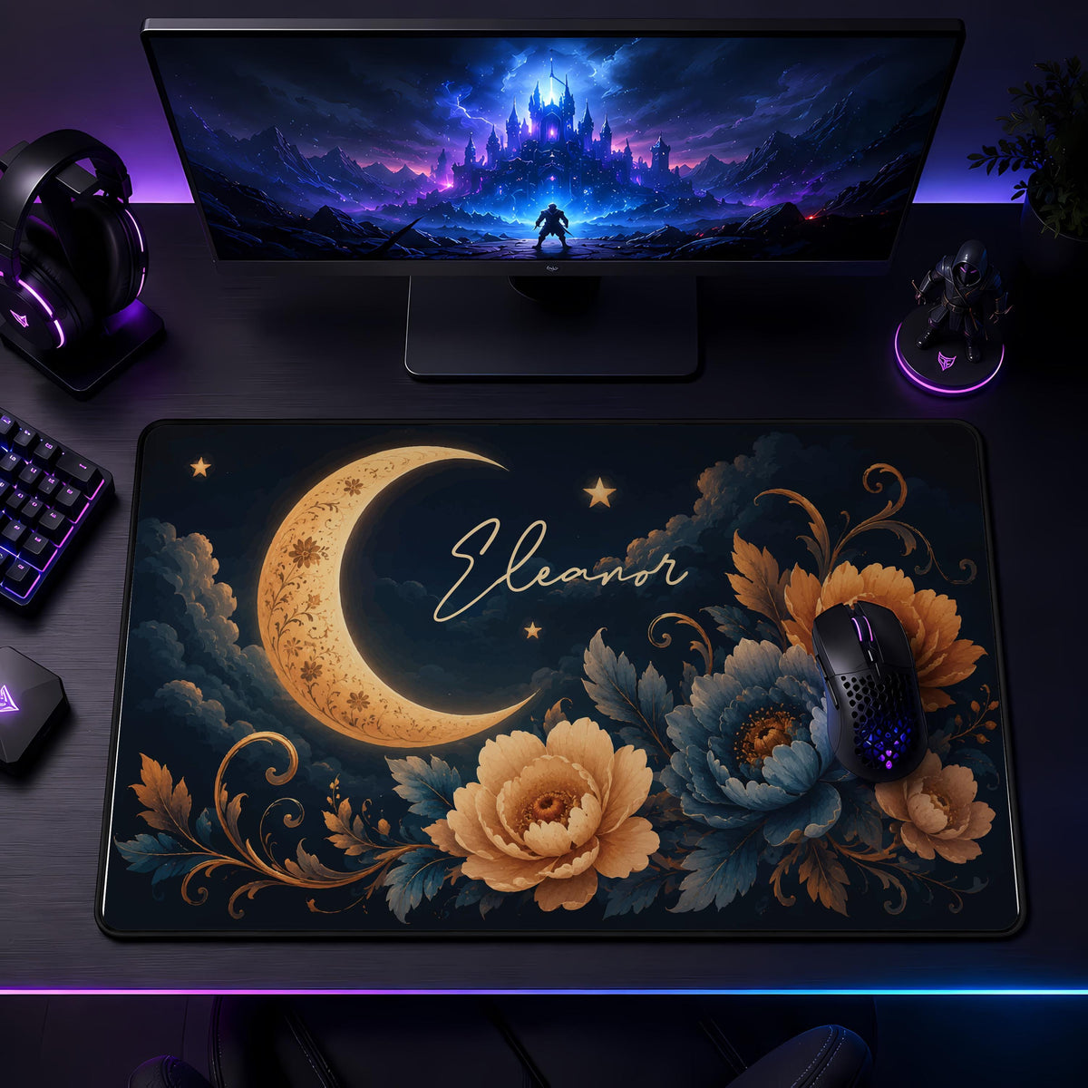 Personalized Floral Moon Desk Mat, Celestial Office Decor, Custom Name Mouse Pad