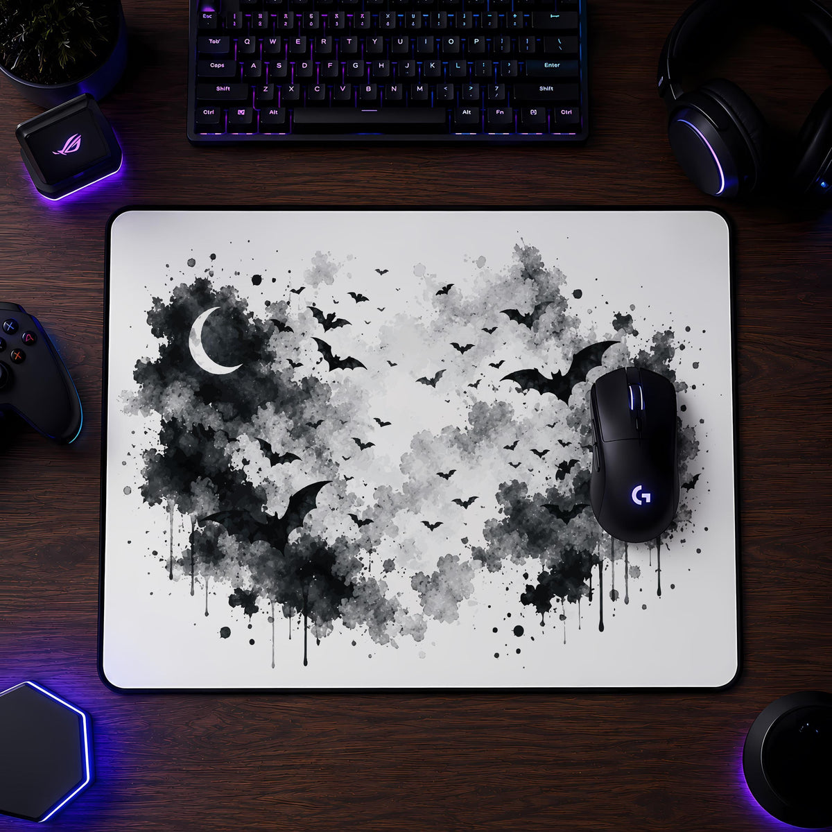 Gothic Bats Desk Mat, Spooky Halloween Mouse Pad, Witchy Gaming Accessory