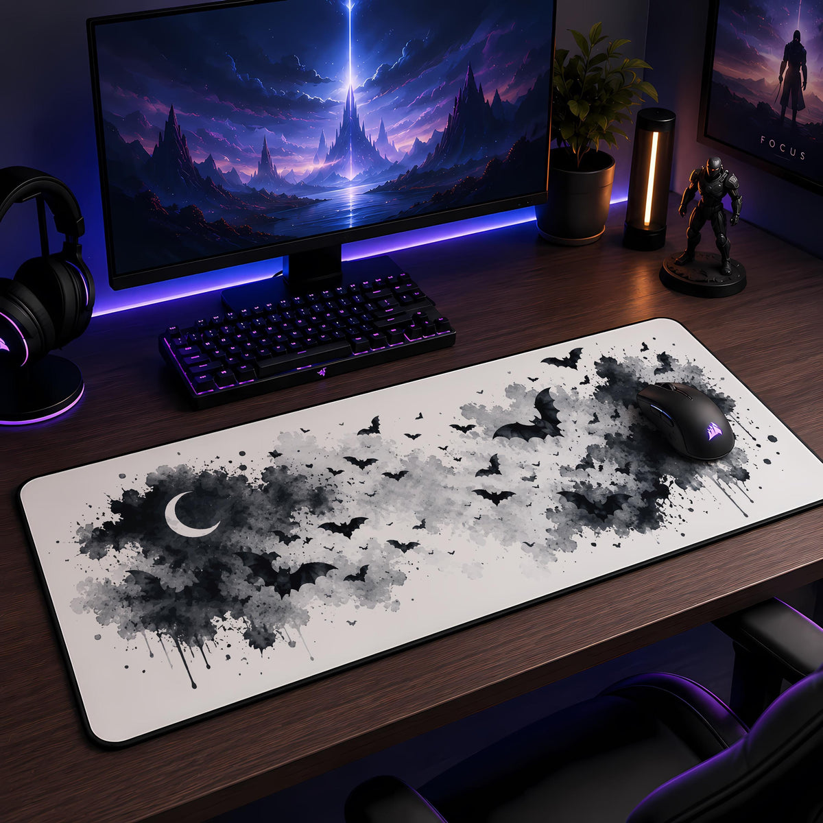 Gothic Bats Desk Mat, Spooky Halloween Mouse Pad, Witchy Gaming Accessory