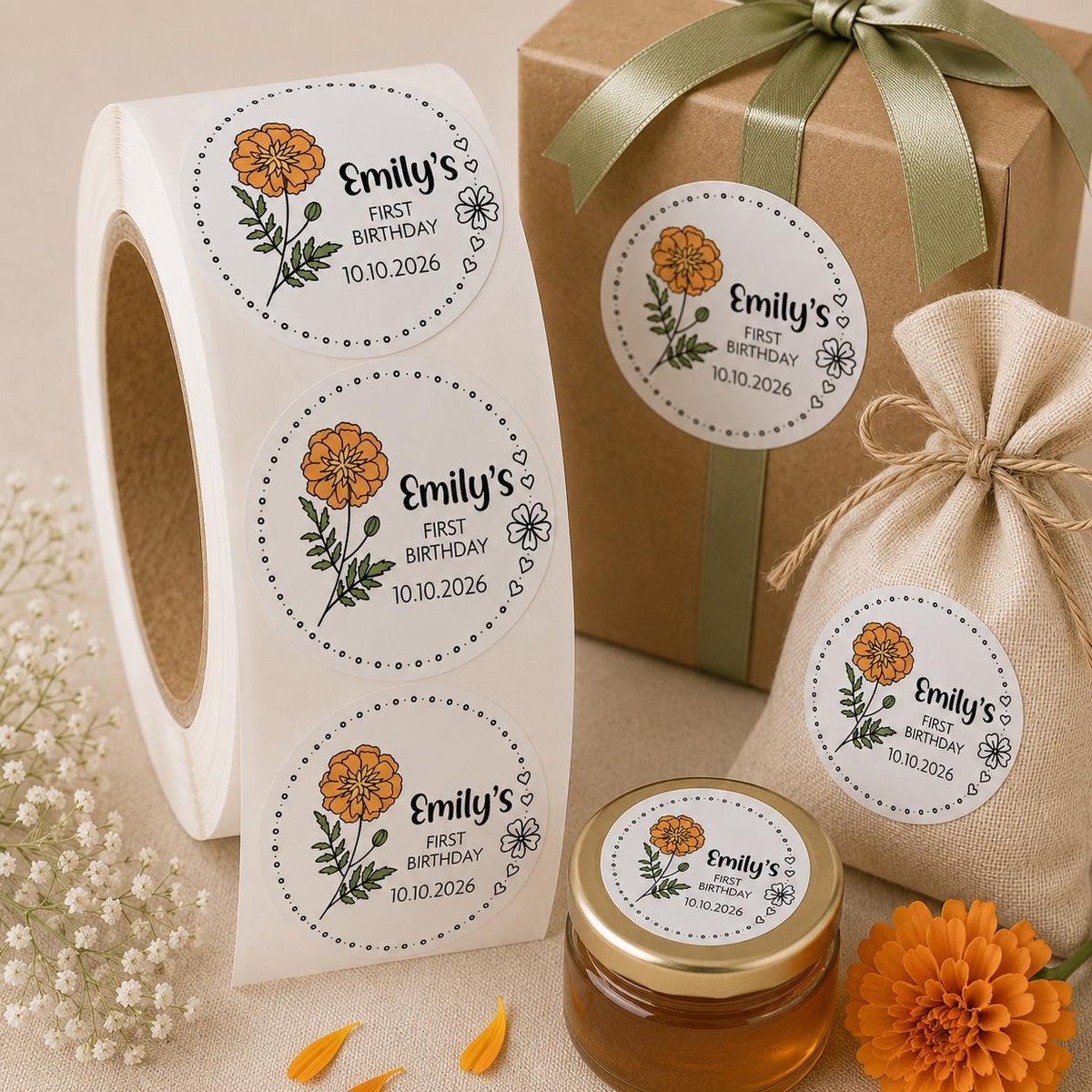 Custom Floral First Birthday Stickers, Baby Shower Favor Labels, Personalized Celebration Stickers