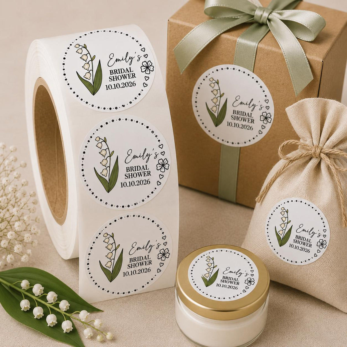 Custom Bridal Shower Stickers, Lily of the Valley Favor Labels, Engagement Party Decor