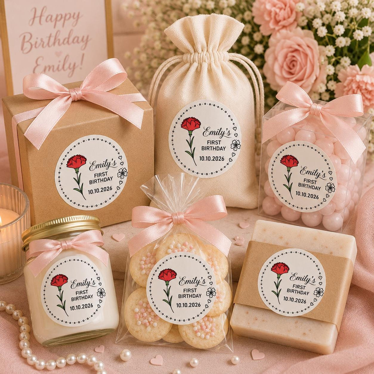 Custom Floral First Birthday Stickers, Baby Shower Favor Labels, Personalized Celebration Stickers