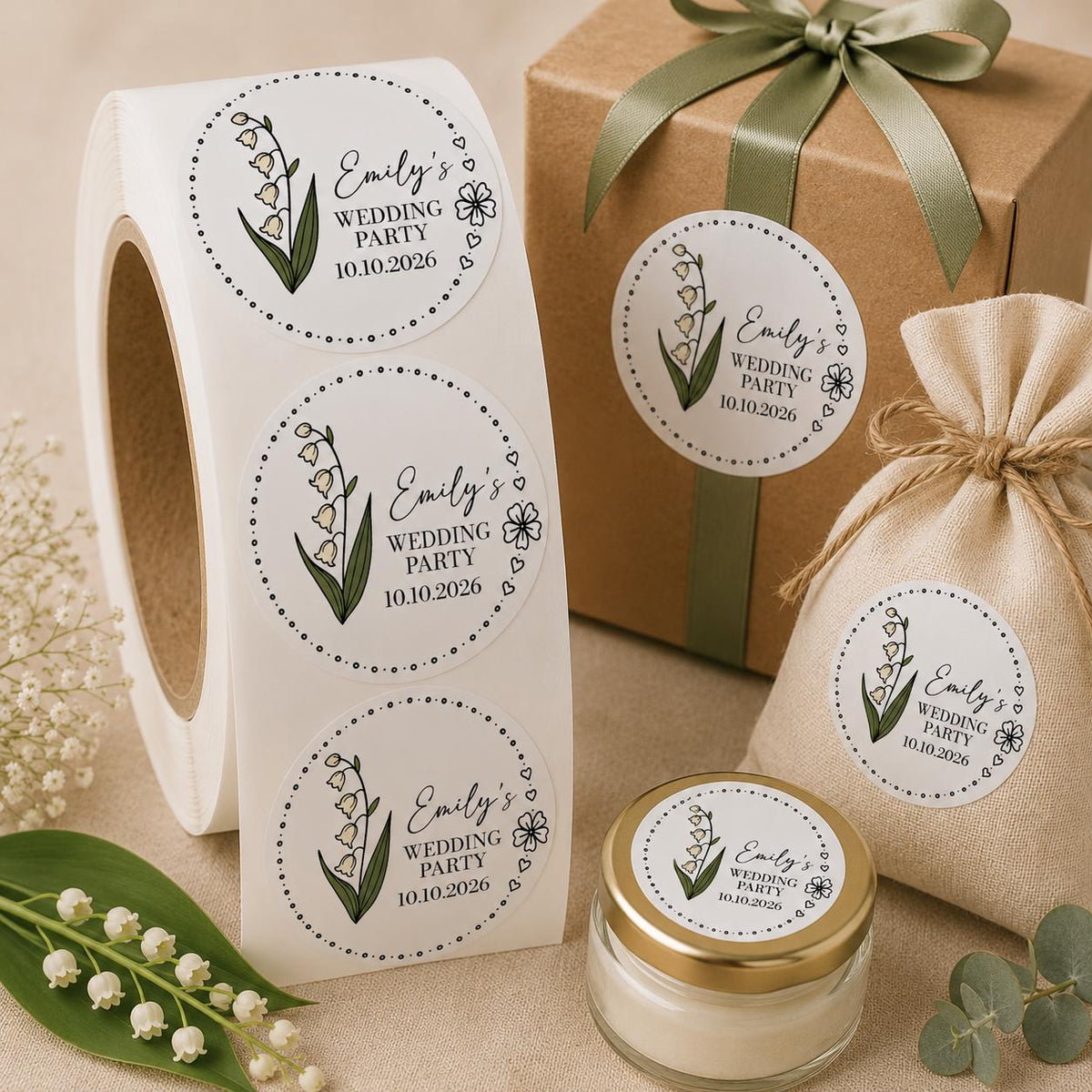 Custom Bridal Shower Stickers, Lily of the Valley Favor Labels, Engagement Party Decor
