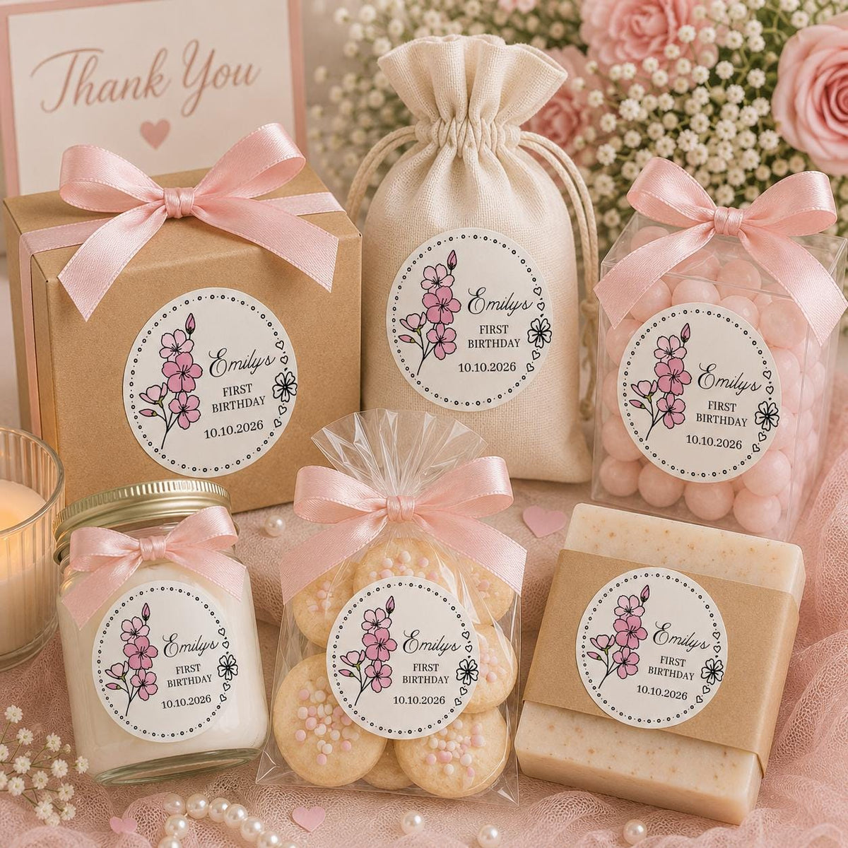 Custom Floral First Birthday Stickers, Baby Shower Favor Labels, Personalized Celebration Stickers