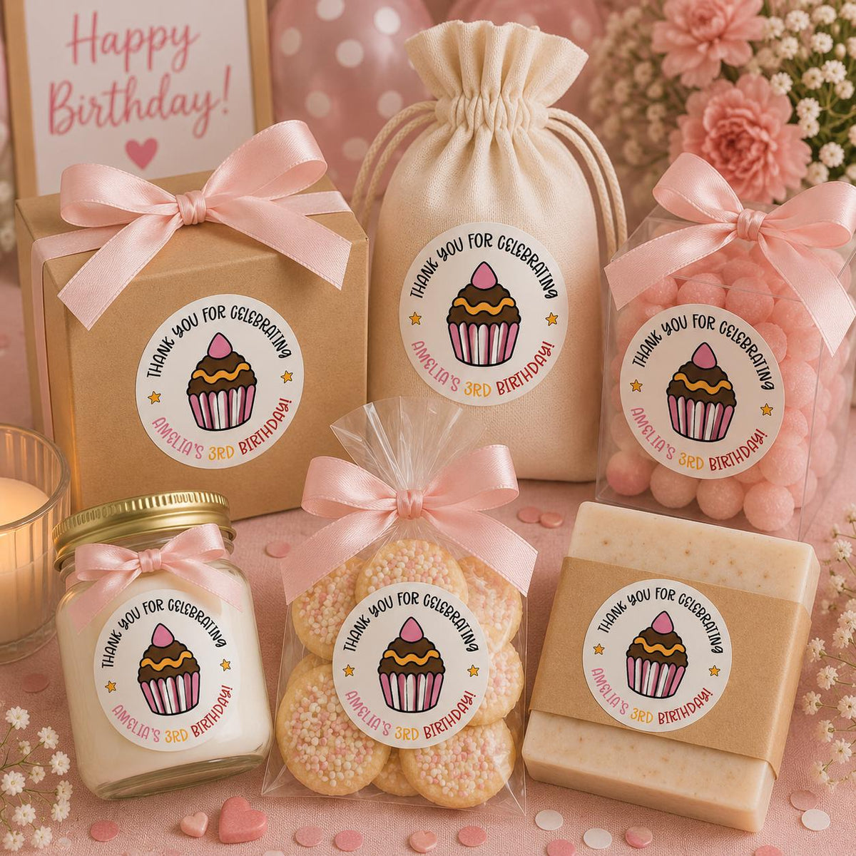 Custom Birthday Favor Stickers, Personalized Party Labels, Cupcake Thank You Stickers