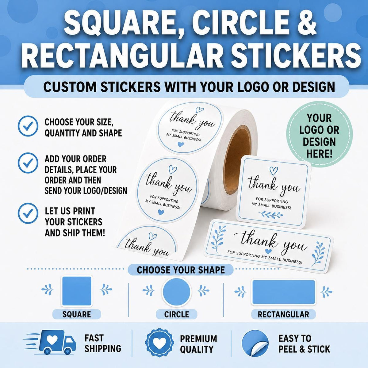 Custom Logo Stickers, Square Circle Rectangle Labels, Business Branding Stickers