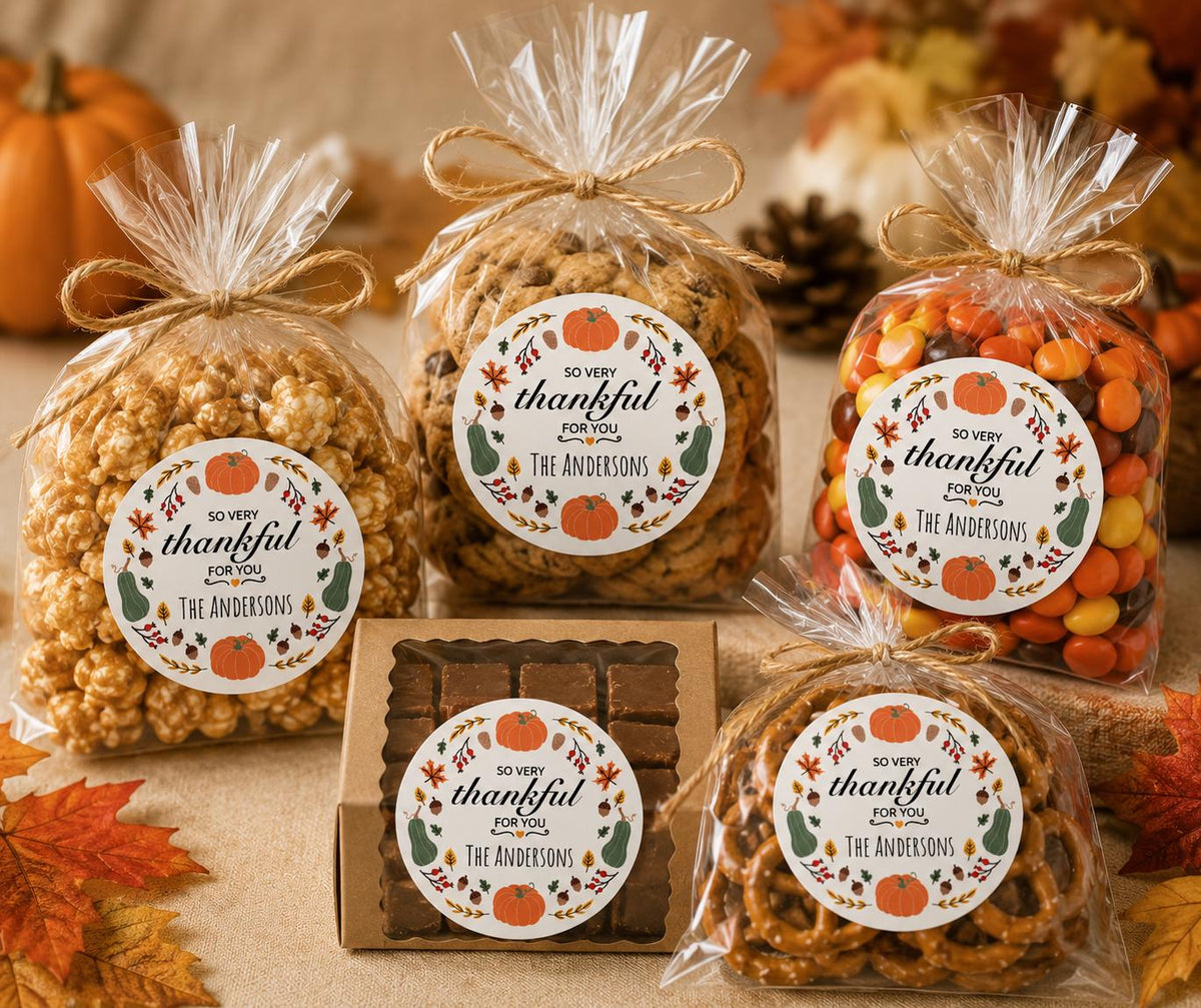 Personalized Thanksgiving Stickers, Thankful for You Fall Labels, Custom Treat Bag Stickers