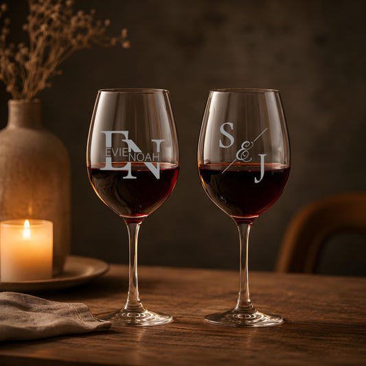 Personalized Engraved Wine Glasses, Custom Monogram Champagne Flutes for Weddings