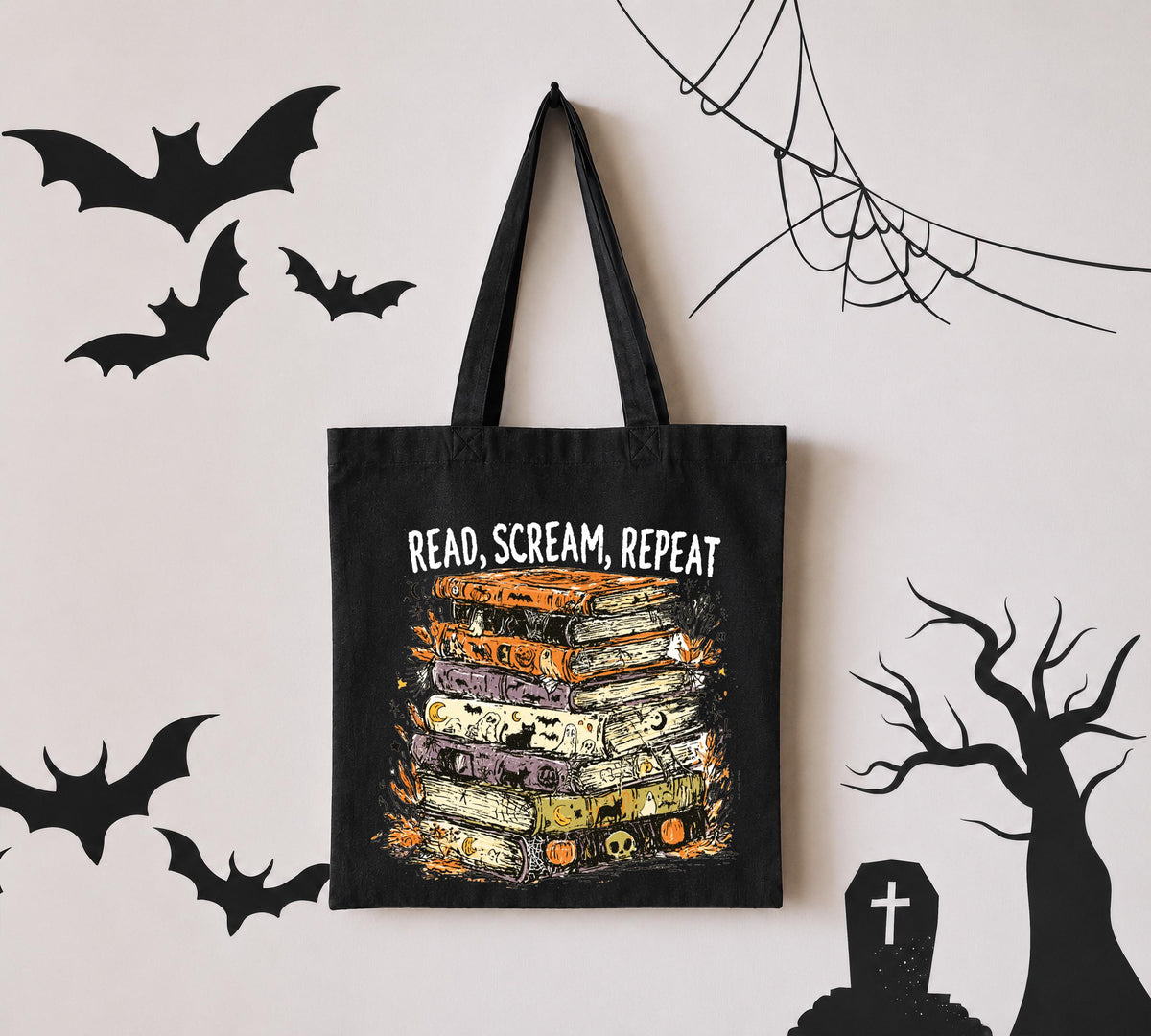 Read Scream Repeat Tote Bag, Spooky Season Books Tote, Halloween Gift Tote Bag