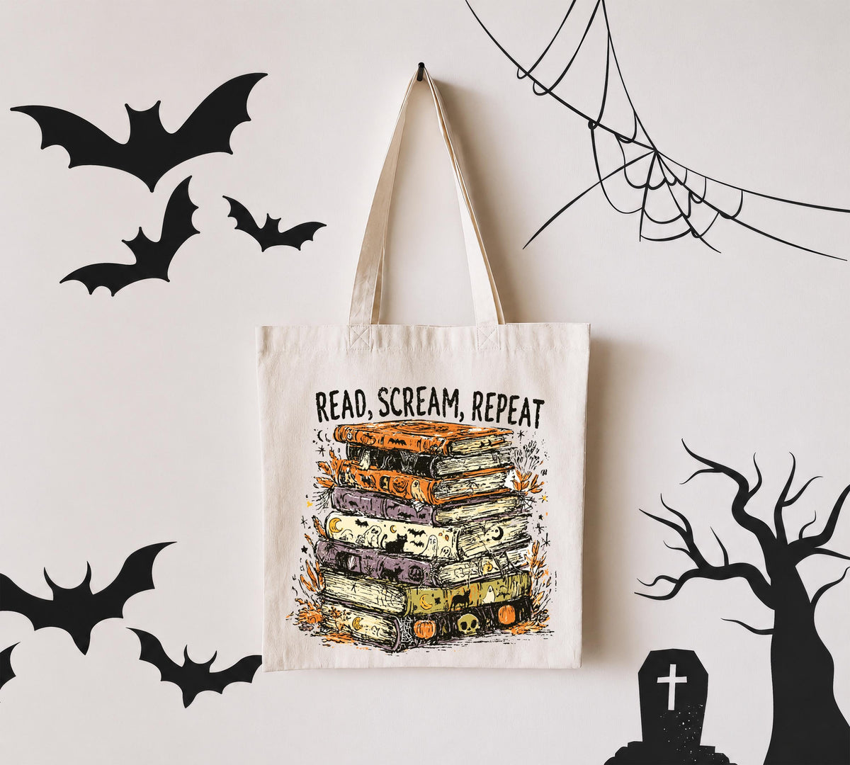 Read Scream Repeat Tote Bag, Spooky Season Books Tote, Halloween Gift Tote Bag