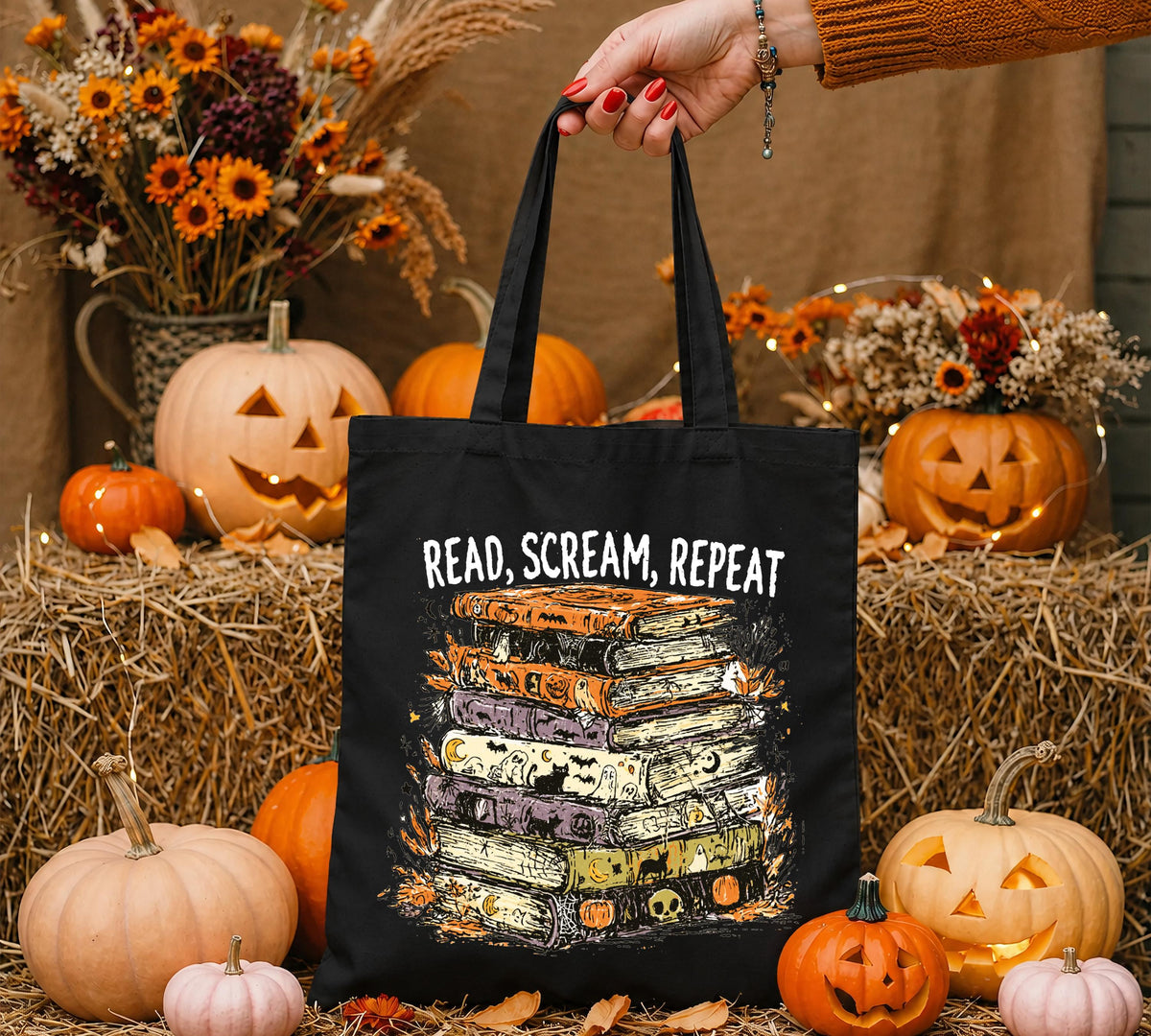 Read Scream Repeat Tote Bag, Spooky Season Books Tote, Halloween Gift Tote Bag