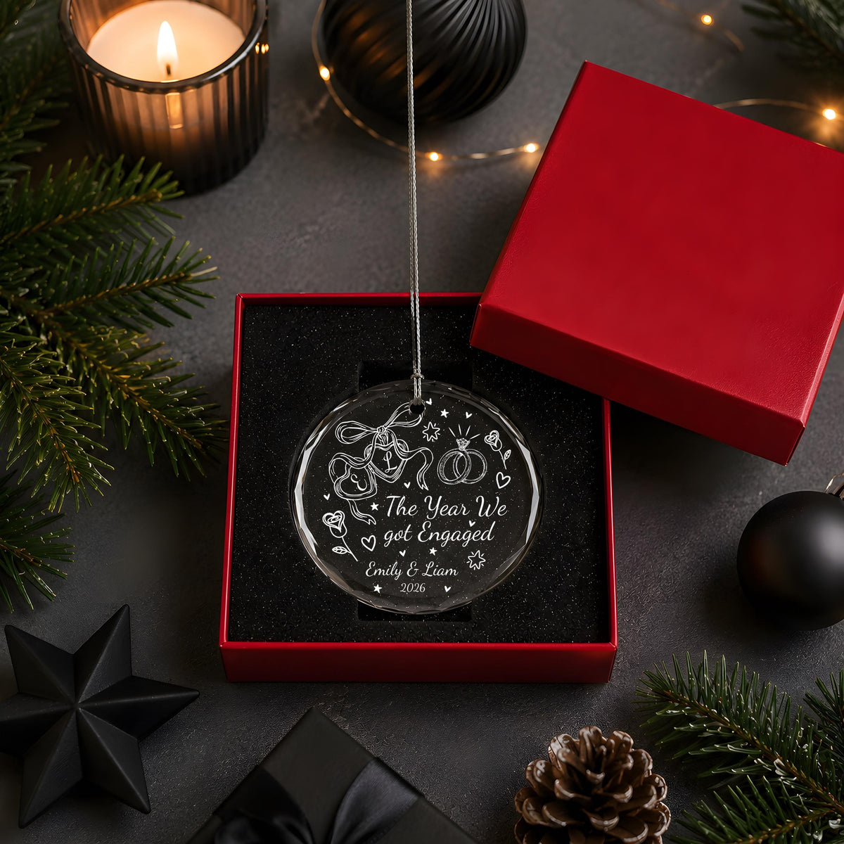 Custom Name The Year We Got Engaged Ornament, Personalized Engagement Crystal Bauble
