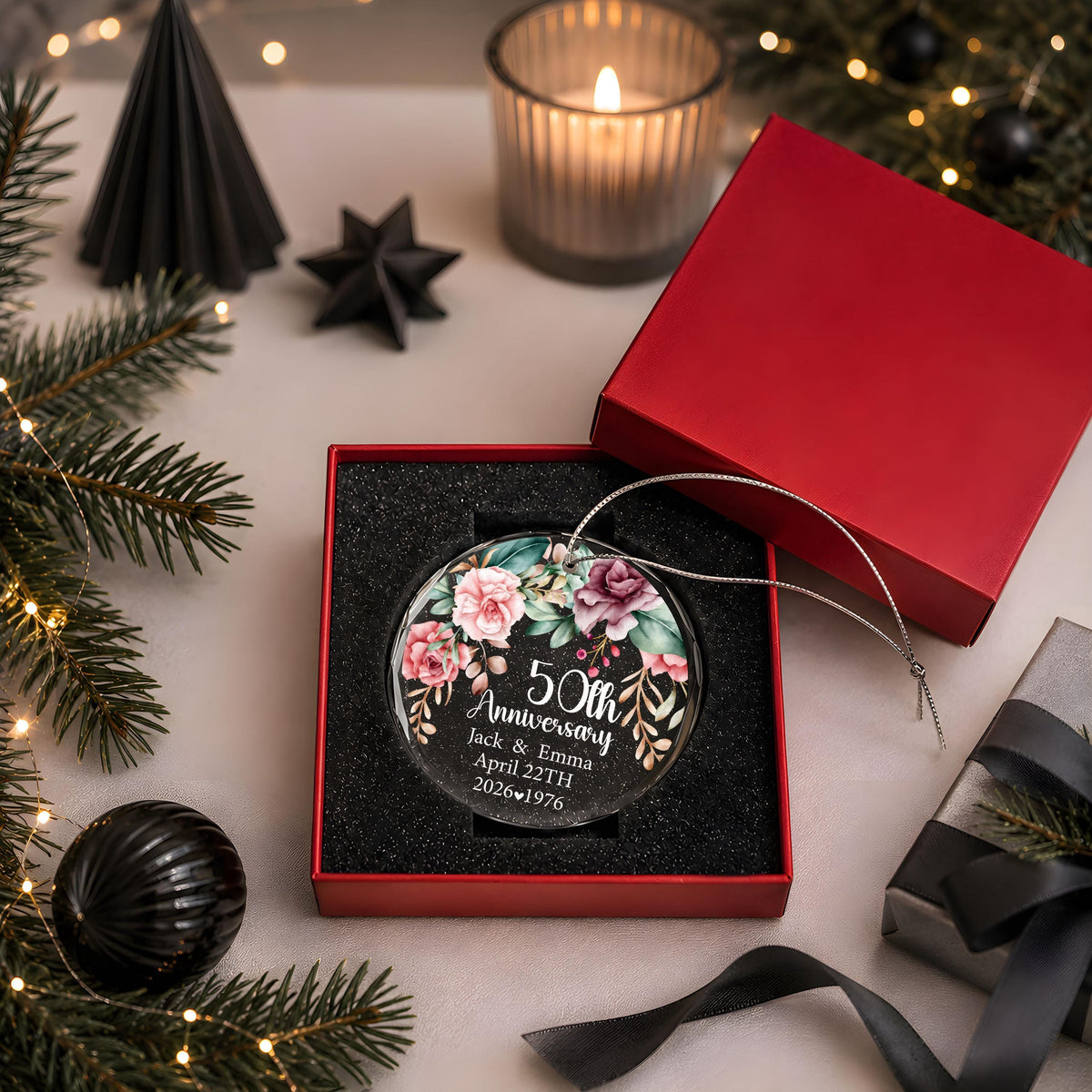 Personalized Floral Wreath Anniversary Ornament, Marriage Milestone Round Glass Keepsake