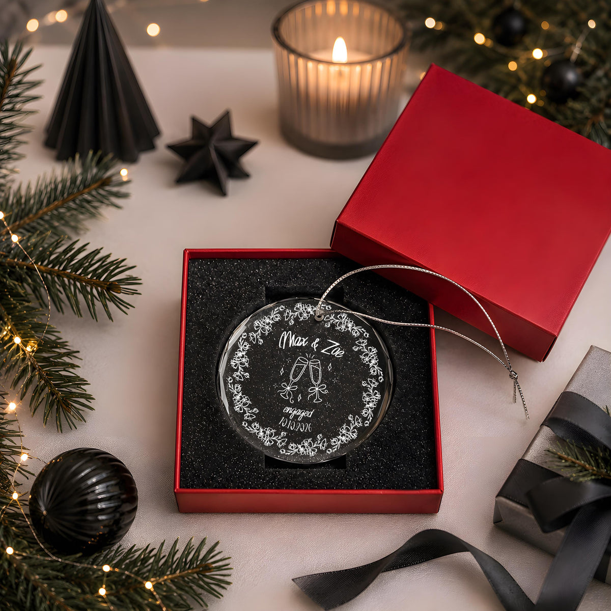 Personalized Engraved Engagement Round Ornament, Cute Champagne Glass Design Engaged Keepsake