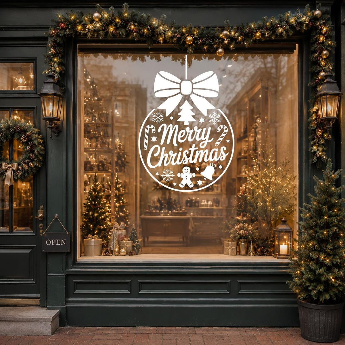 Merry Christmas Window Decal, Festive Shop Ornament Vinyl Sticker