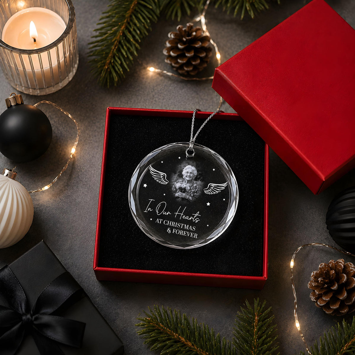 Personalized In Our Hearts At Christmas & Forever Glass Ornament