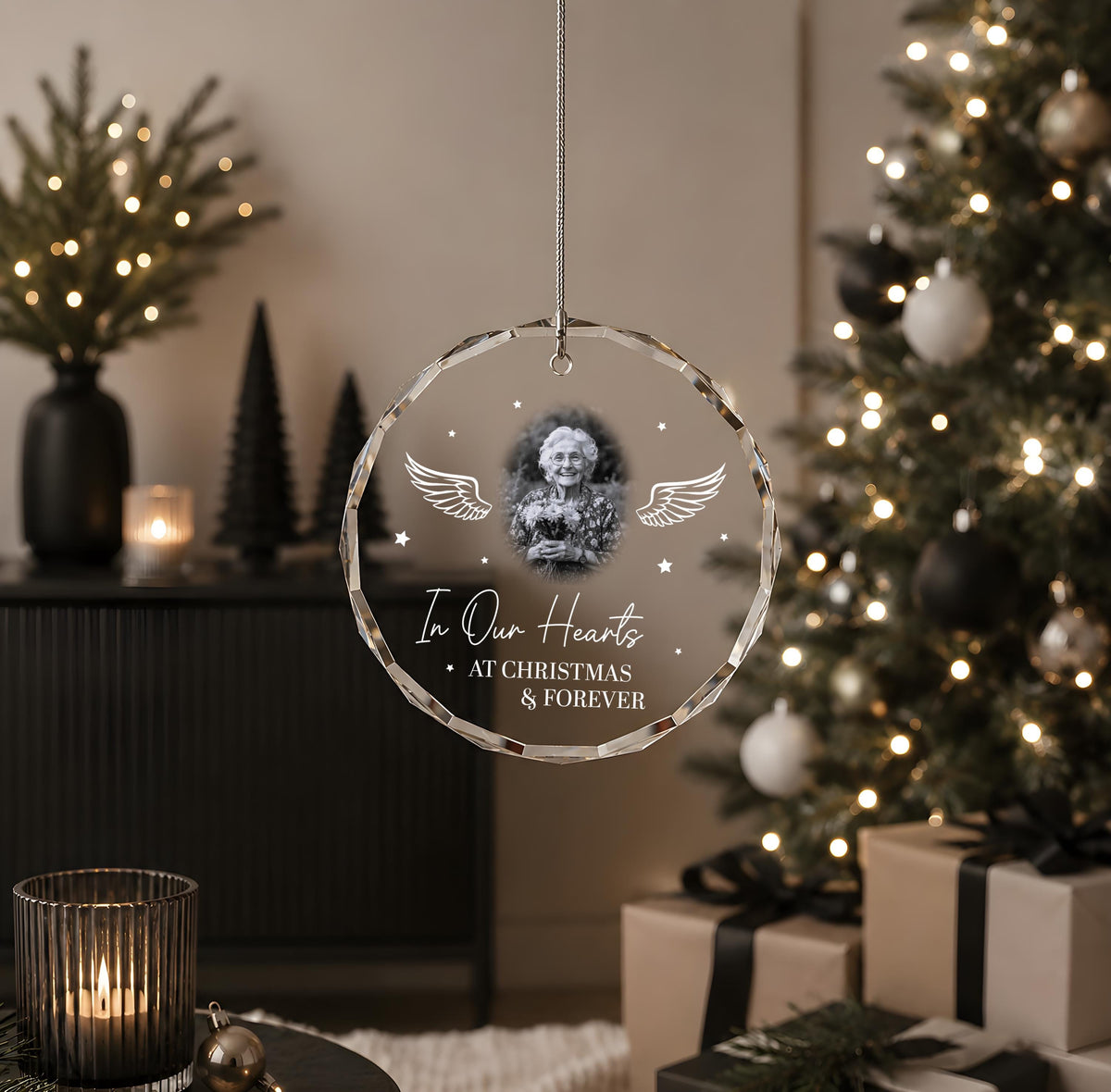 Personalized In Our Hearts At Christmas & Forever Glass Ornament