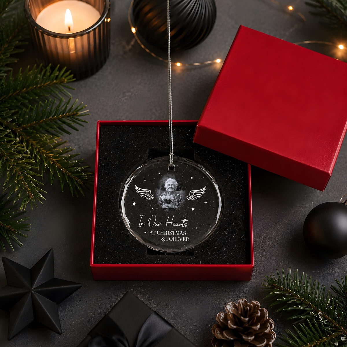 Personalized In Our Hearts At Christmas & Forever Glass Ornament