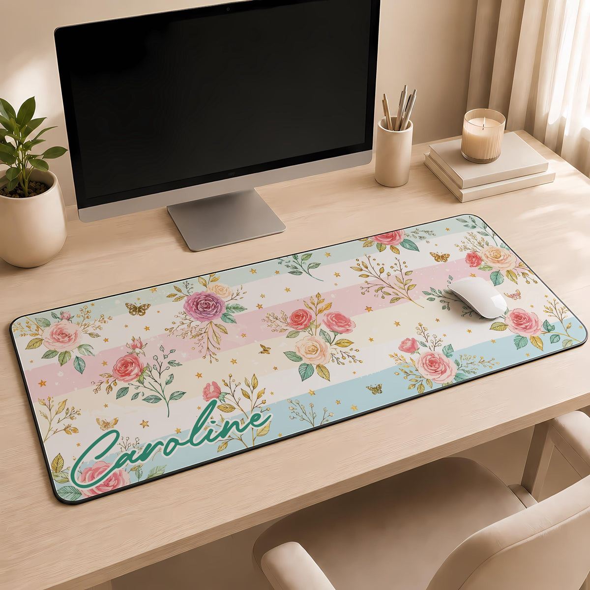 Personalized Floral Desk Mat, Custom Name Mouse Pad, Women Cute Office Decor, Coworker Gift