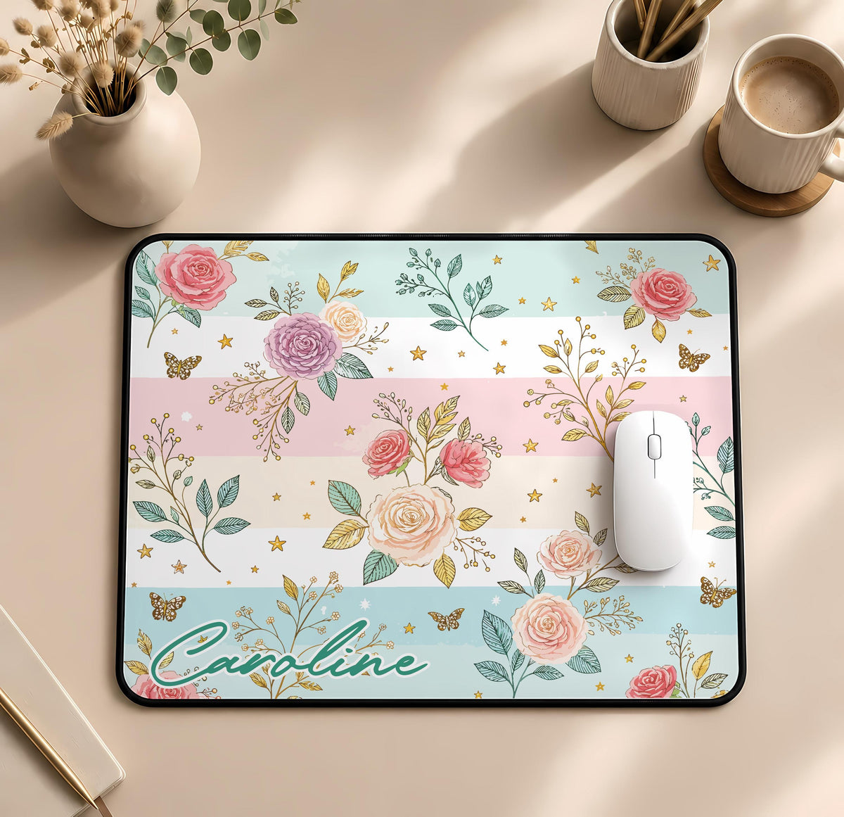 Personalized Floral Desk Mat, Custom Name Mouse Pad, Women Cute Office Decor, Coworker Gift