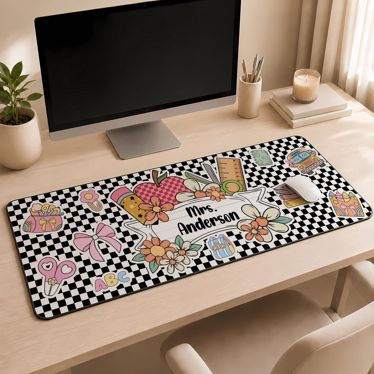 Personalized Teacher Name Desk Mat, Checkerboard Teachers Mousepad, Classroom Decor