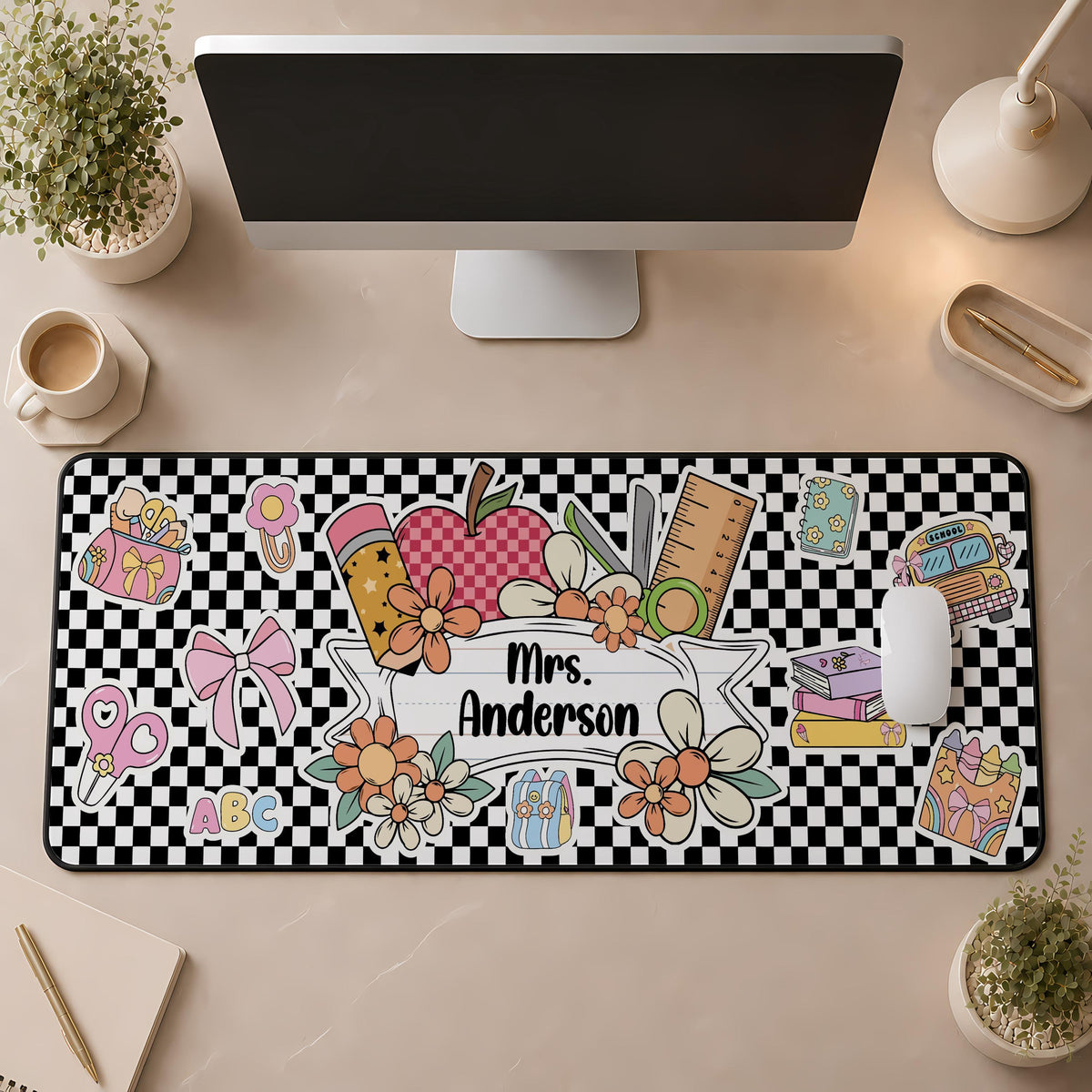 Personalized Teacher Name Desk Mat, Checkerboard Teachers Mousepad, Classroom Decor