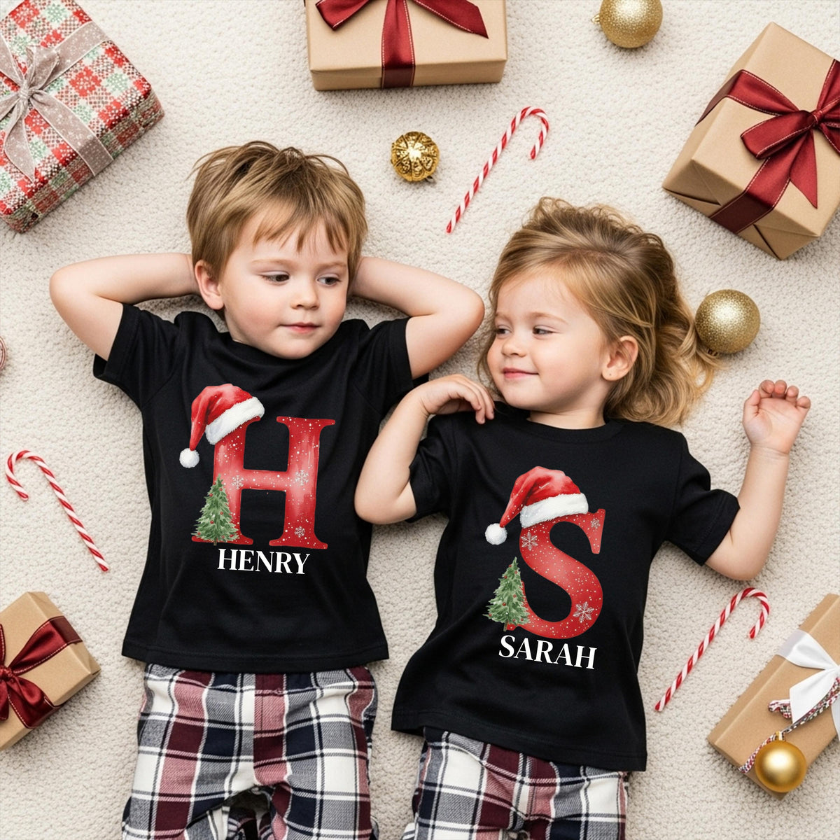 Monogram Name Christmas Shirt, Custom Christmas Letter Tee, Xmas Family Matching Sweater