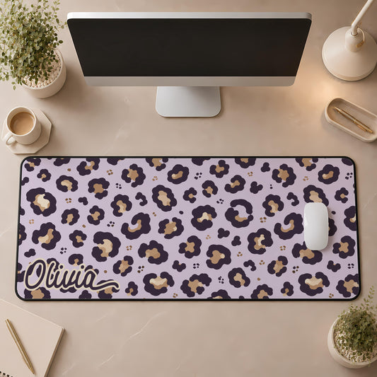 Personalized Leopard Print Desk Mat, Custom Name & Color Mouse Pad, Cute Office Decor