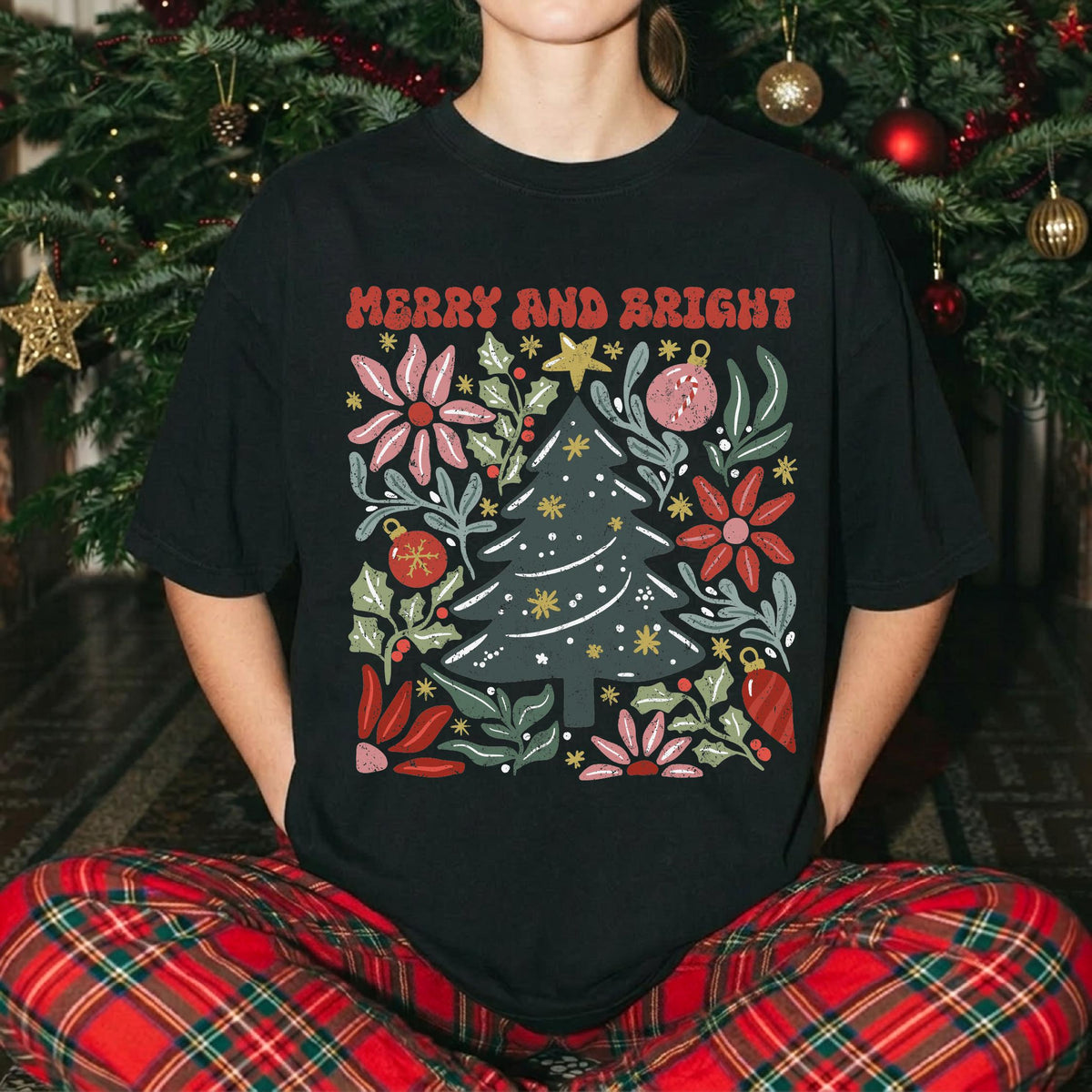 Merry and Bright Comfort Colors® Shirt, Christmas Tree T-Shirt, Floral Christmas Tee, Retro Holiday Shirt