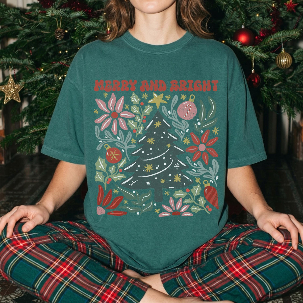 Merry and Bright Comfort Colors® Shirt, Christmas Tree T-Shirt, Floral Christmas Tee, Retro Holiday Shirt