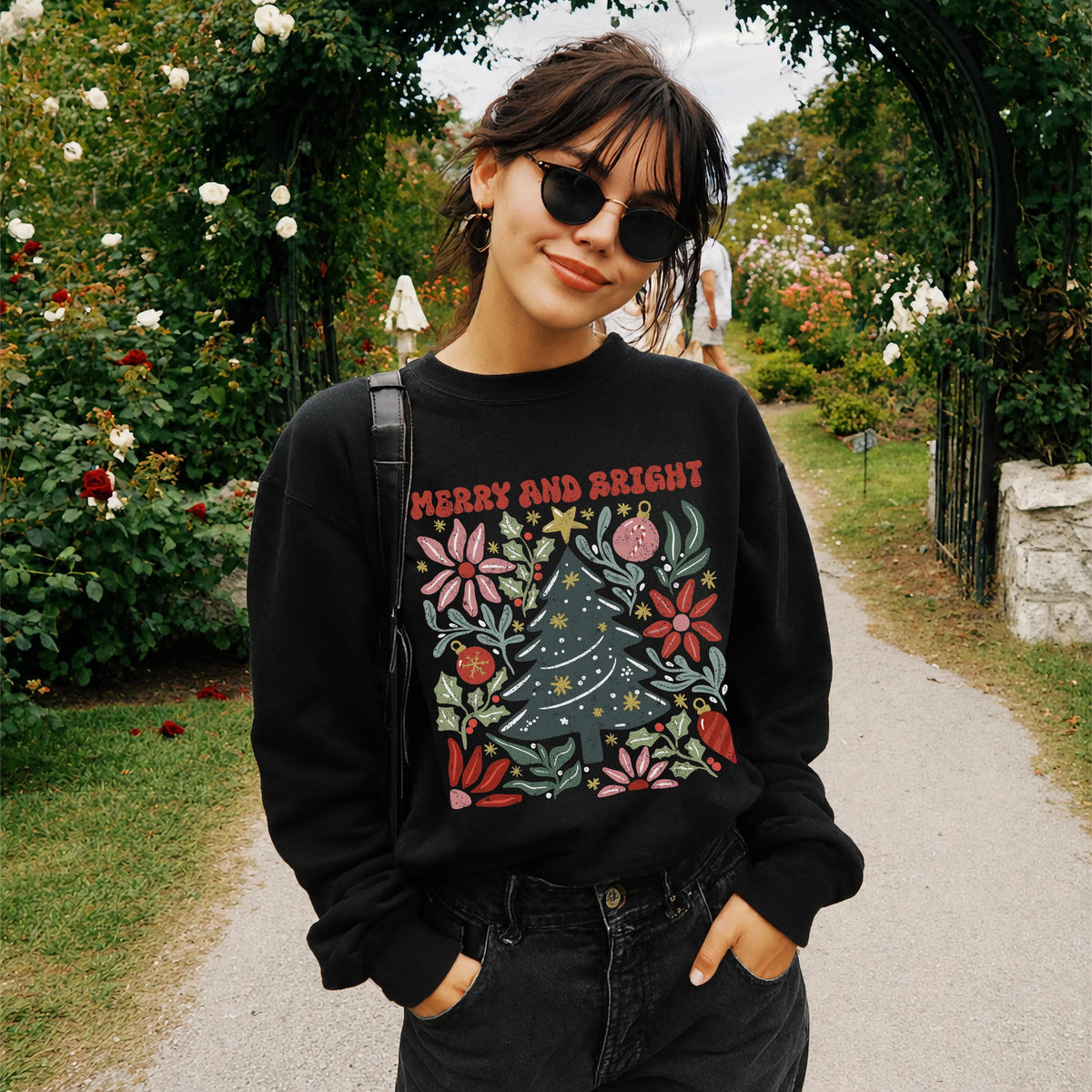 Merry and Bright Sweatshirt, Christmas Tree Crewneck, Retro Holiday Sweatshirt, Floral Christmas Sweater