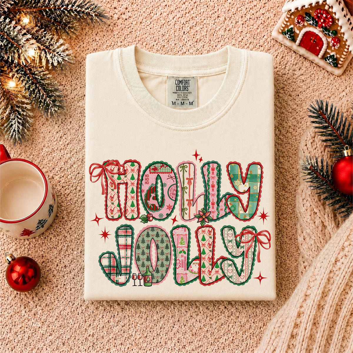 Holly Jolly Comfort Colors® Shirt, Christmas T-Shirt, Holiday Party Tee, Festive Xmas Shirt, Christmas Bow Tee