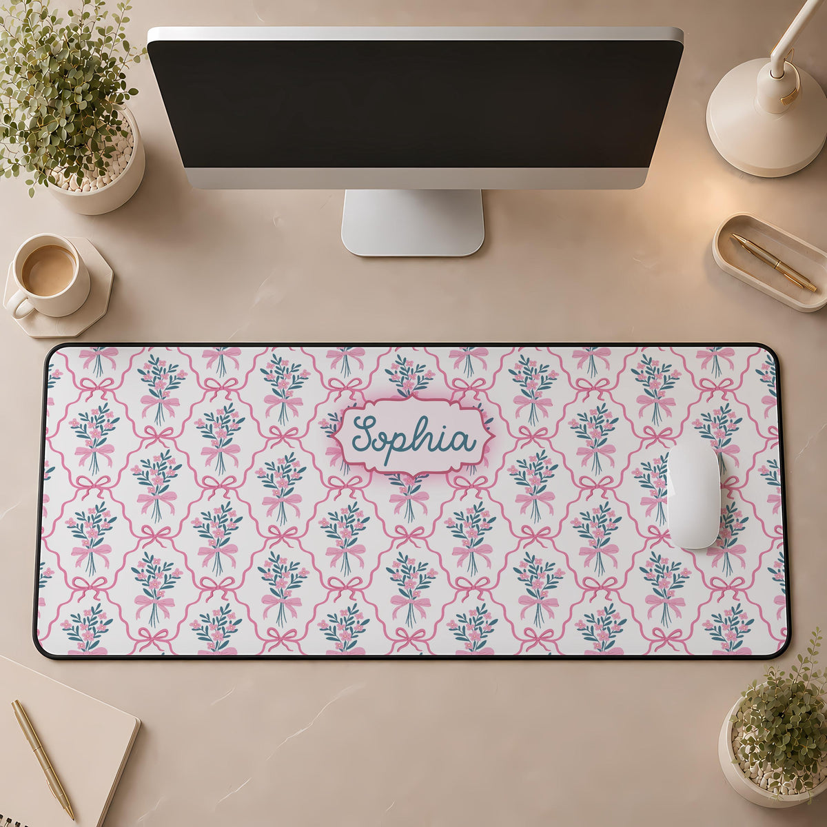 Personalized Name Coquette Pink Bow Desk Mat, Floral Preppy Mousepad