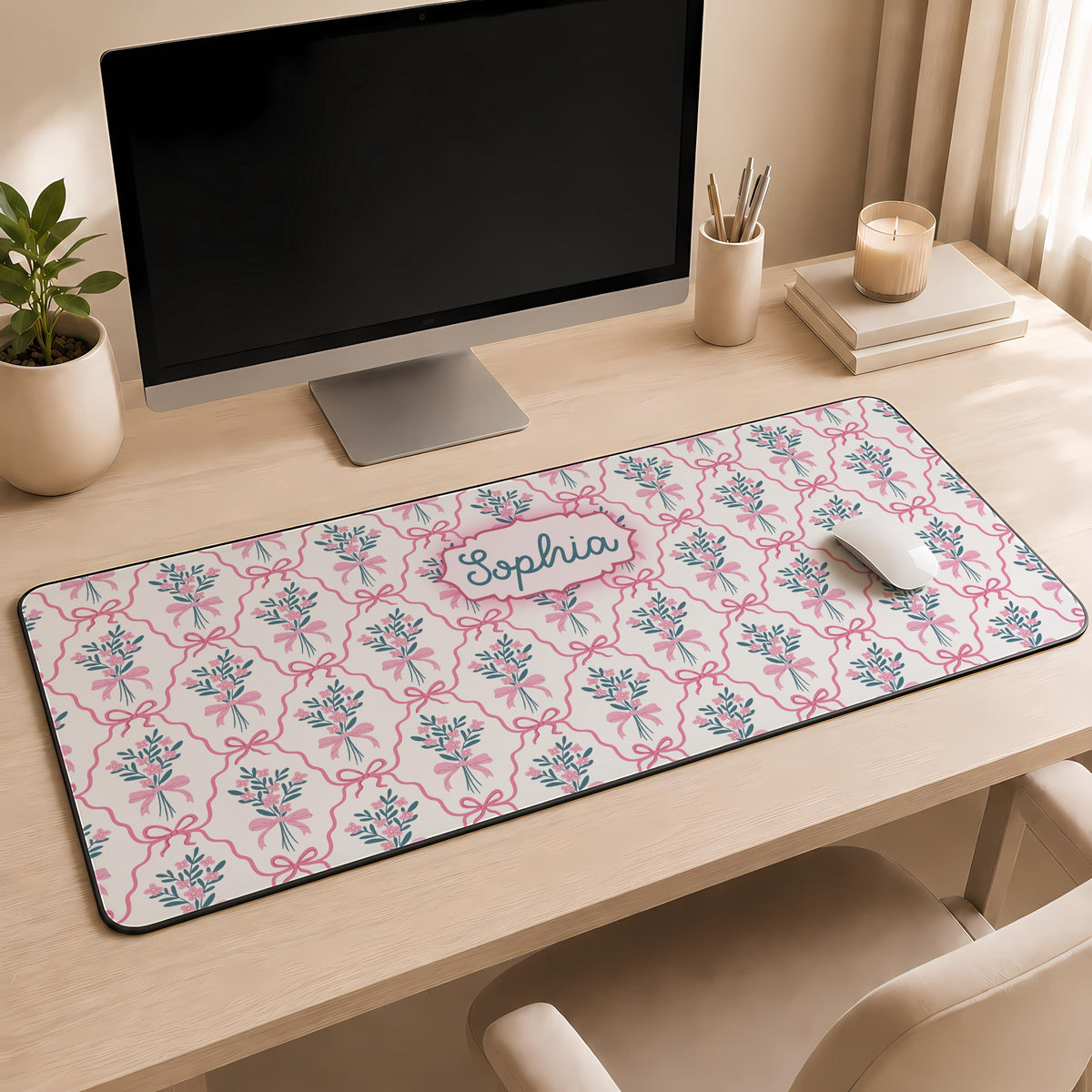 Personalized Name Coquette Pink Bow Desk Mat, Floral Preppy Mousepad