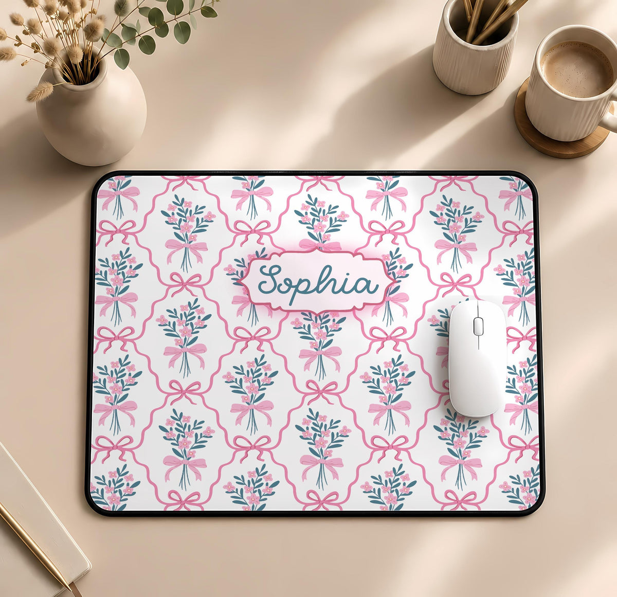 Personalized Name Coquette Pink Bow Desk Mat, Floral Preppy Mousepad
