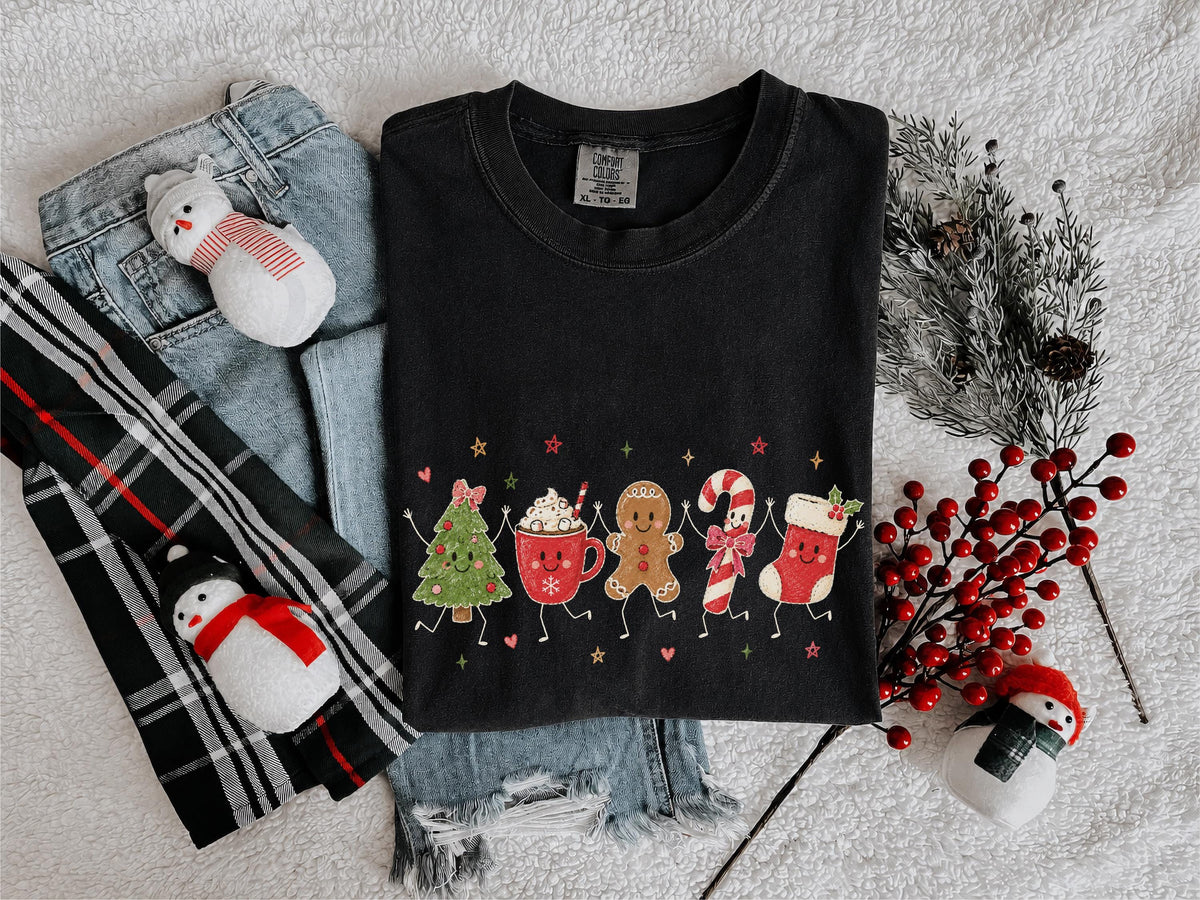 Christmas Doodles Comfort Colors® Shirt, Gingerbread Cookie T-Shirt, Candy Cane Holiday Tee, Christmas Friends Shirt