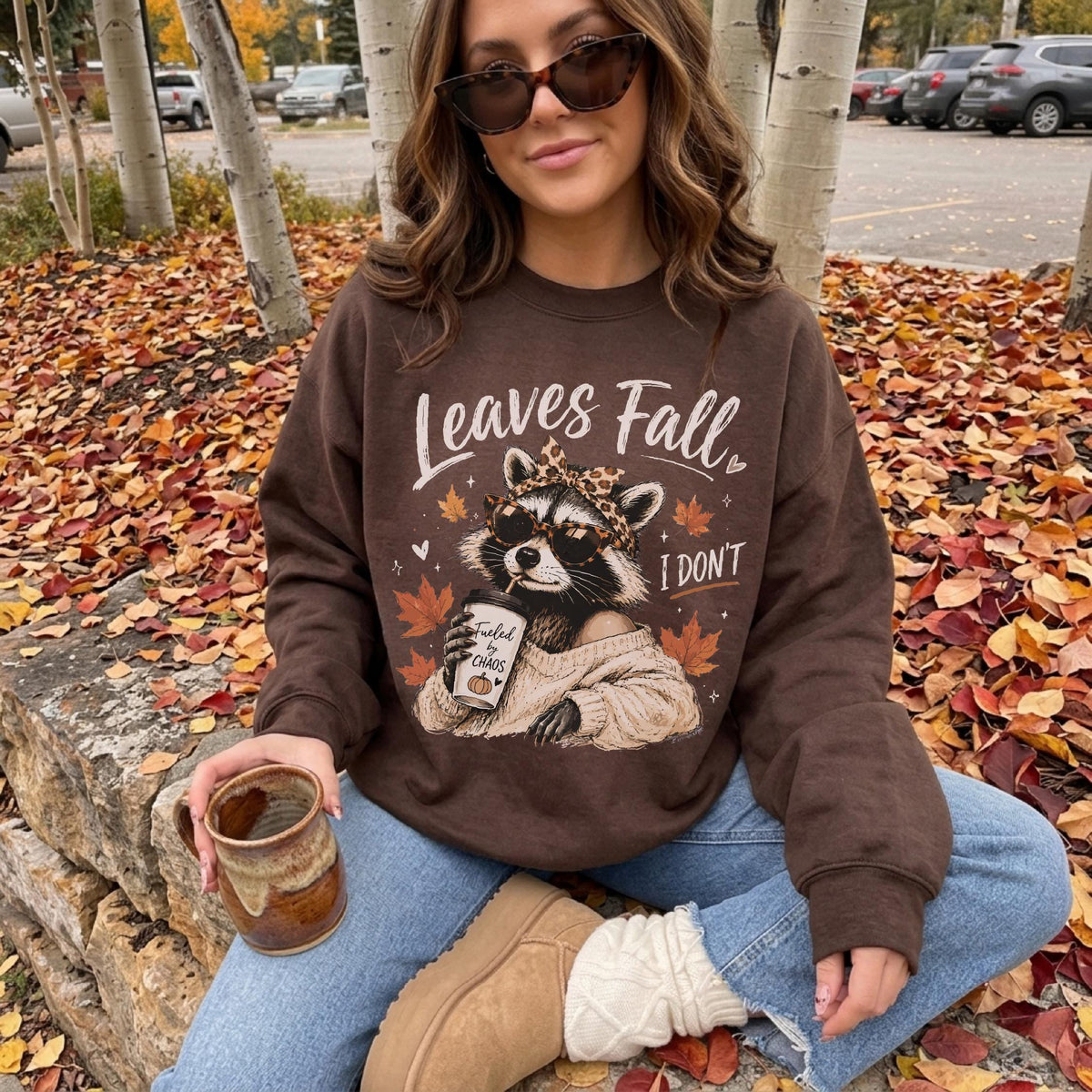 Fall Raccoon Sweatshirt, Leaves Fall Crewneck, Pumpkin Spice Coffee Pullover, Funny Autumn Sweater