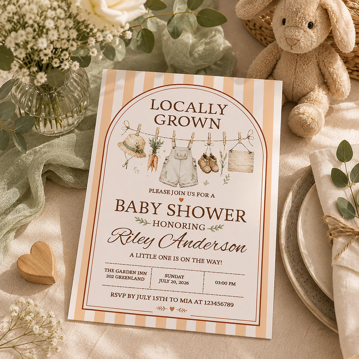 Locally Grown Baby Shower Invitation, Sage Gingham, Garden Theme (Printed)