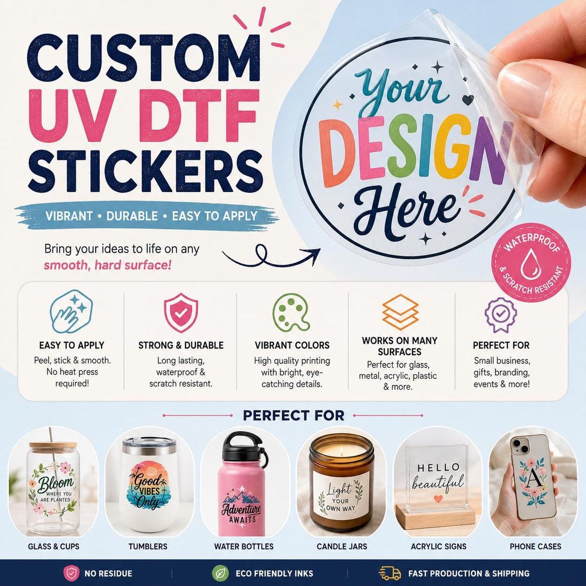 Custom UV DTF Stickers: Waterproof Decals for Cups, Mugs, Glass Wraps, Small Business Branding