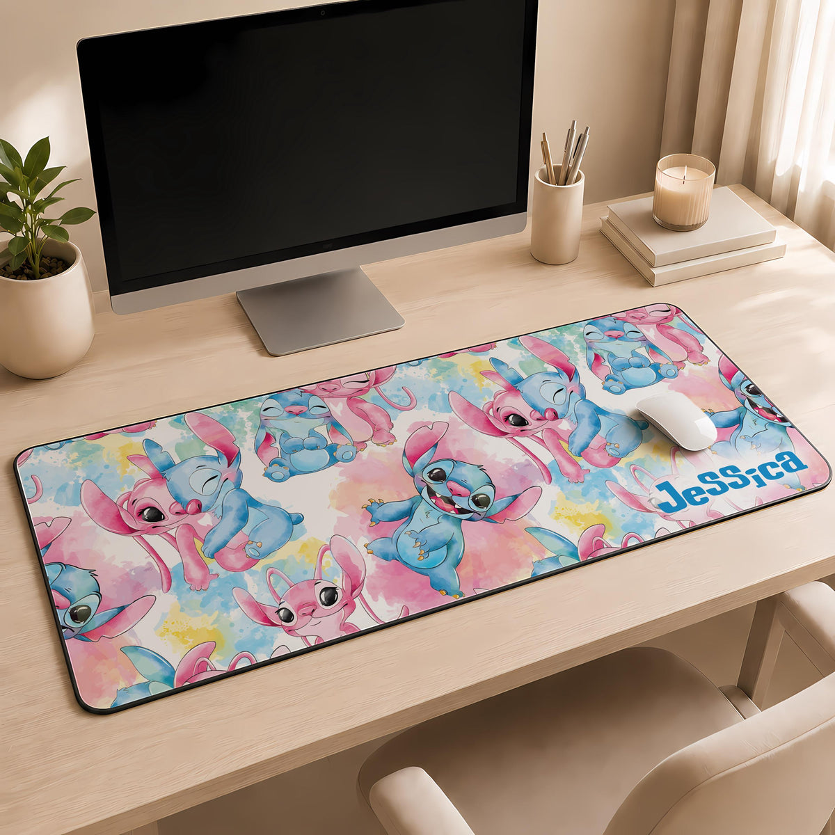 Personalized Name Cute Pink and Blue Monster Desk Mat, Kids Room Mouse Pad