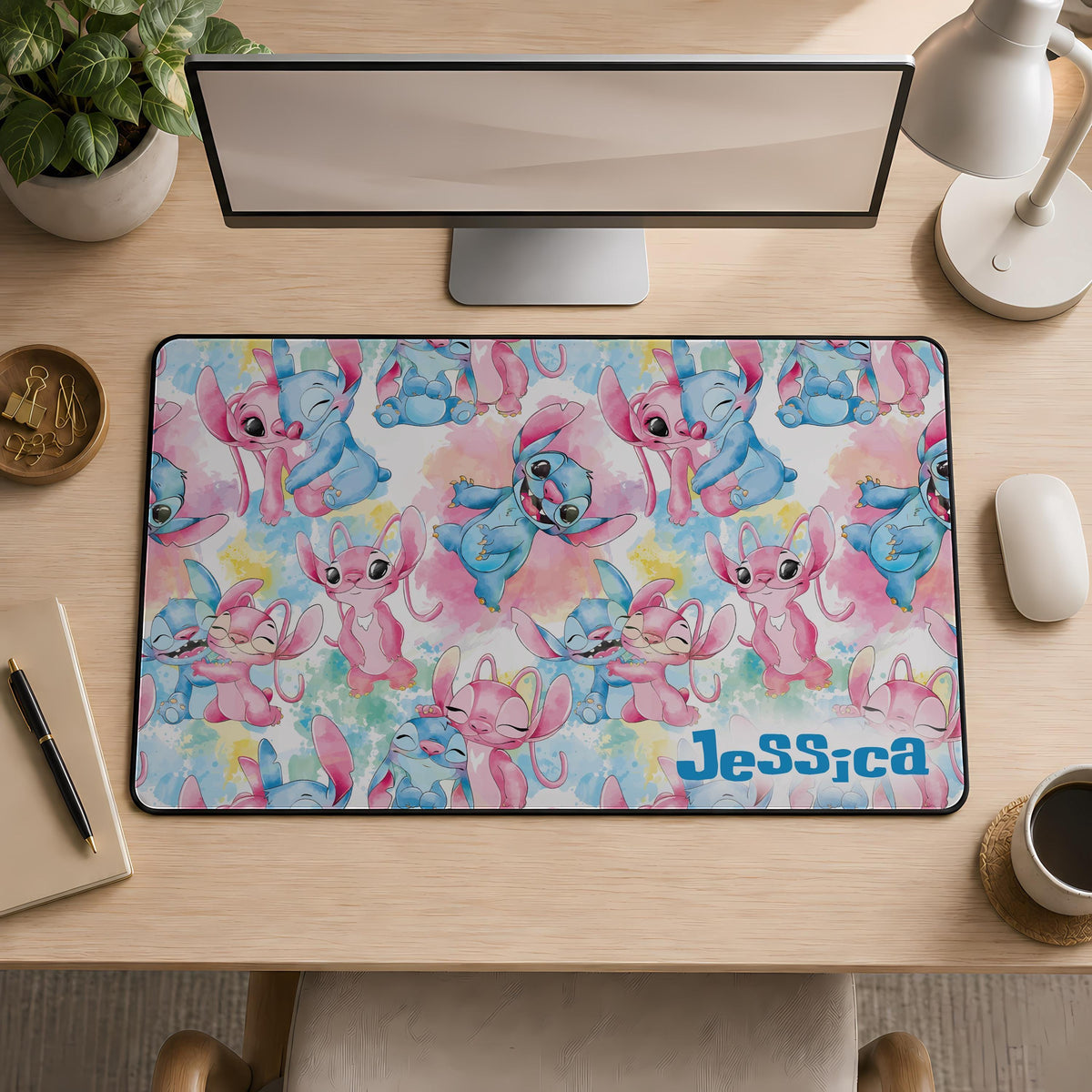 Personalized Name Cute Pink and Blue Monster Desk Mat, Kids Room Mouse Pad