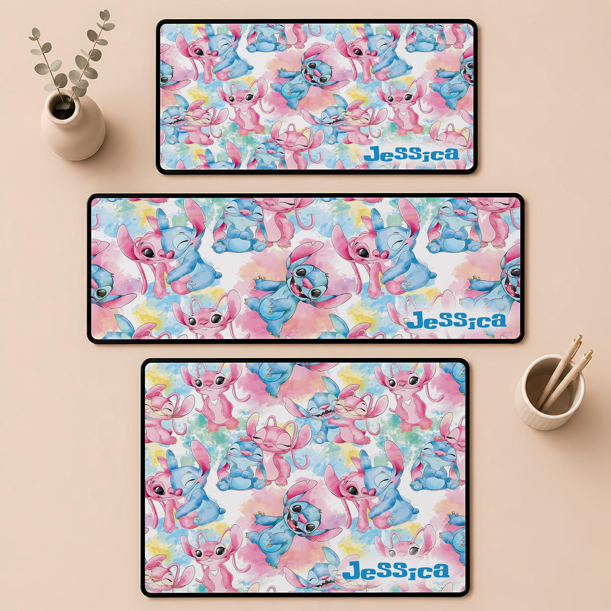 Personalized Name Cute Pink and Blue Monster Desk Mat, Kids Room Mouse Pad