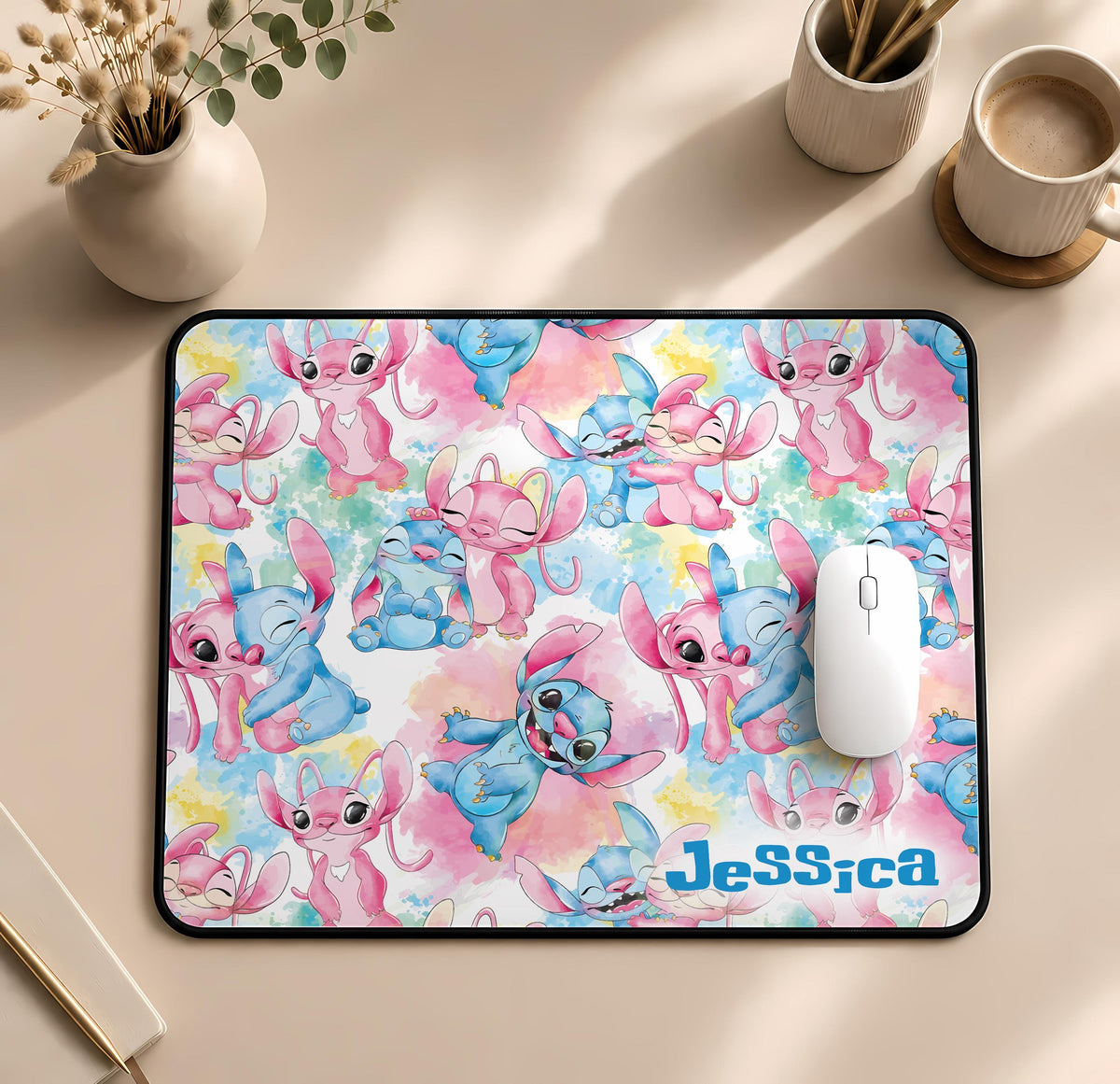 Personalized Name Cute Pink and Blue Monster Desk Mat, Kids Room Mouse Pad