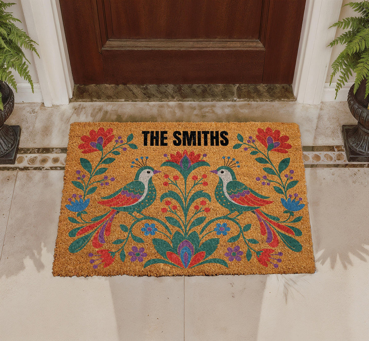 Personalized Folk Art Floral Bird Doormat, Custom Family Name Welcome Mat